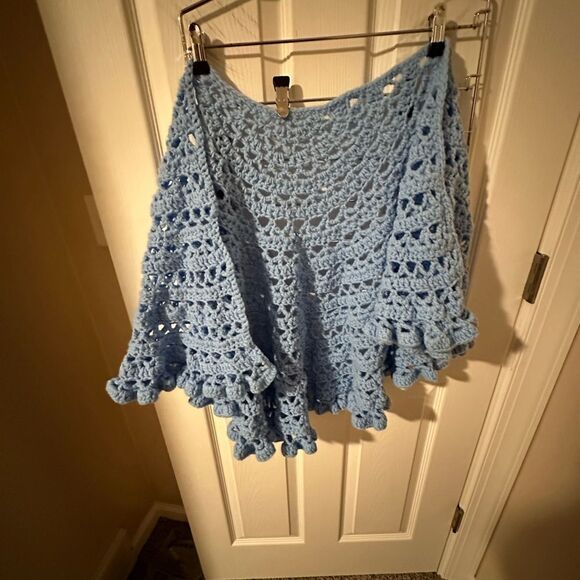 Accessories - Vintage Hand Crochet Boho style Ruffled Shawl - Baby Blue